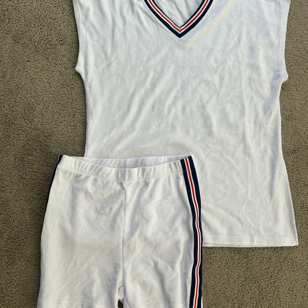Free People White Athletic Ribbed Shorts with Navy & Red Stripe